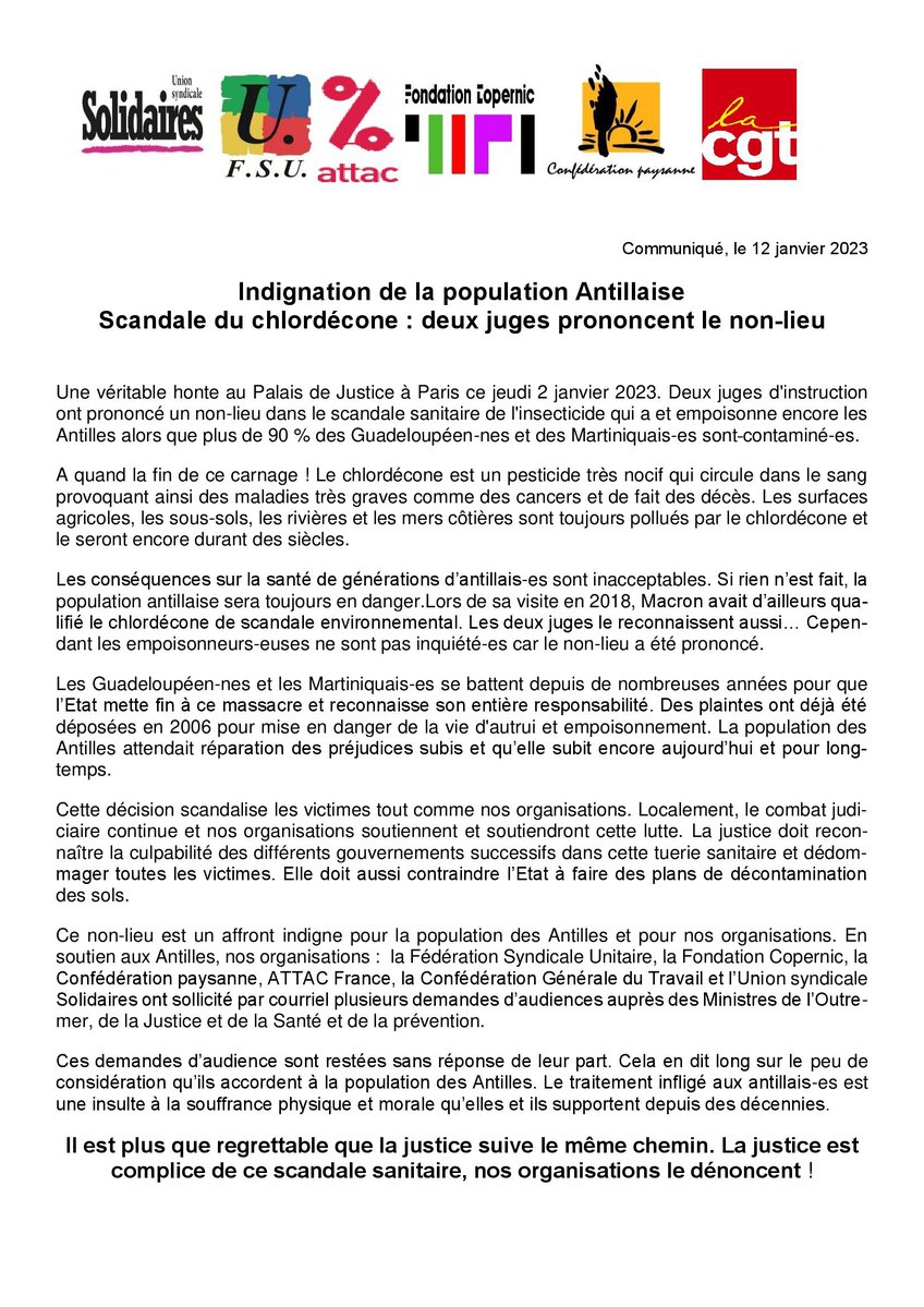 Diff large ommuniqué unitaire chlordécone non lieu 12 janvier 2023