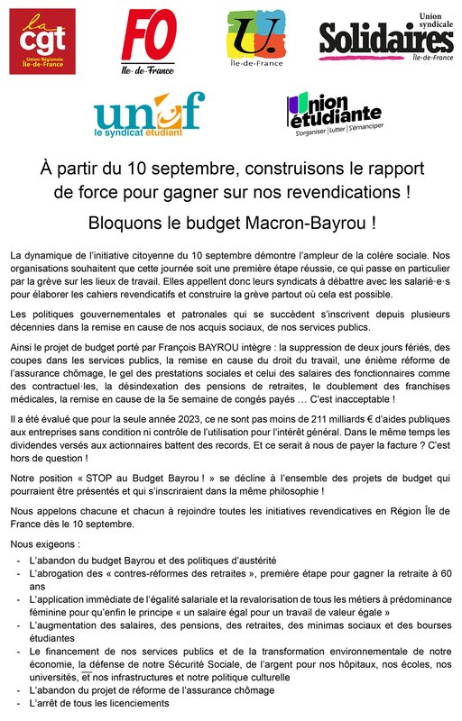 appel-10-septembre-CGT-FO-FSU Solidaires-UNEF-UnionÉtudiante