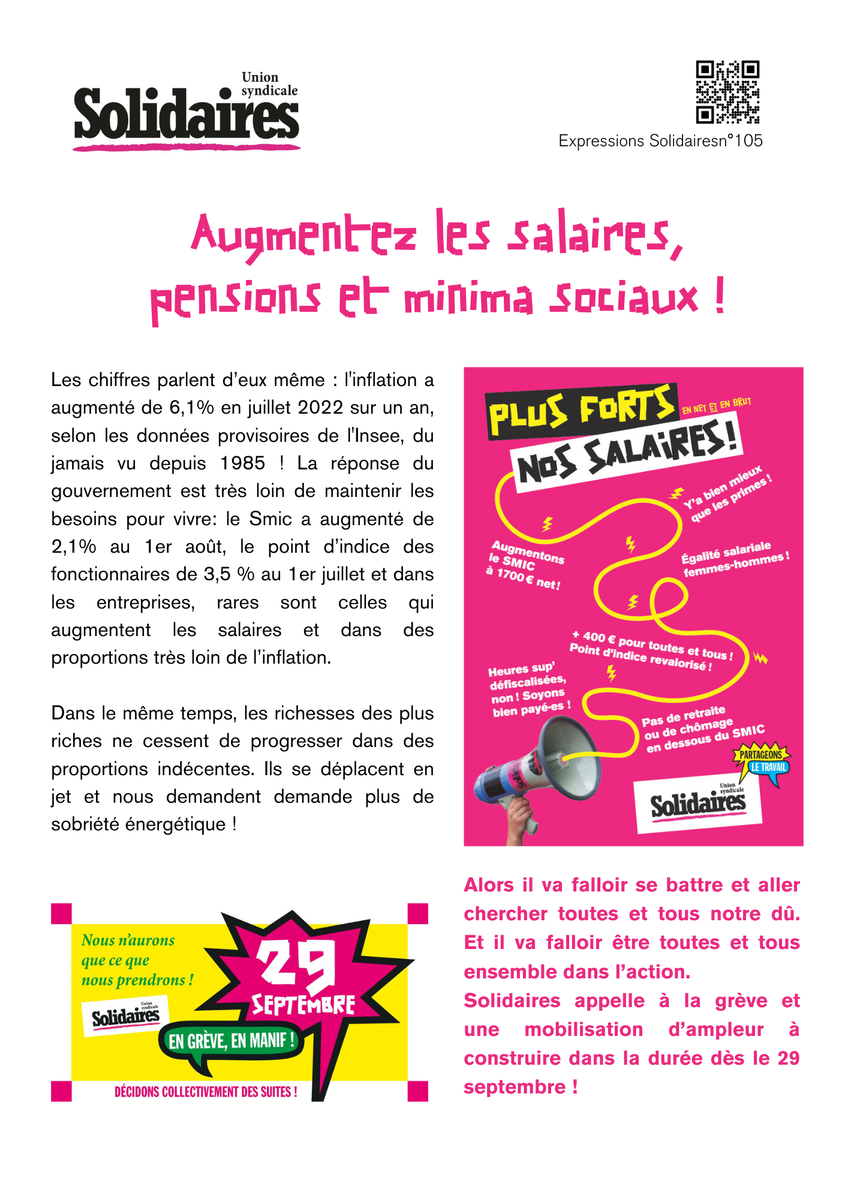 tract d'appel au 29 septembre : augmentez les salaires, pensions et minima sociaux ! (texte d'ouverture de l'Expression Solidaires n°105)