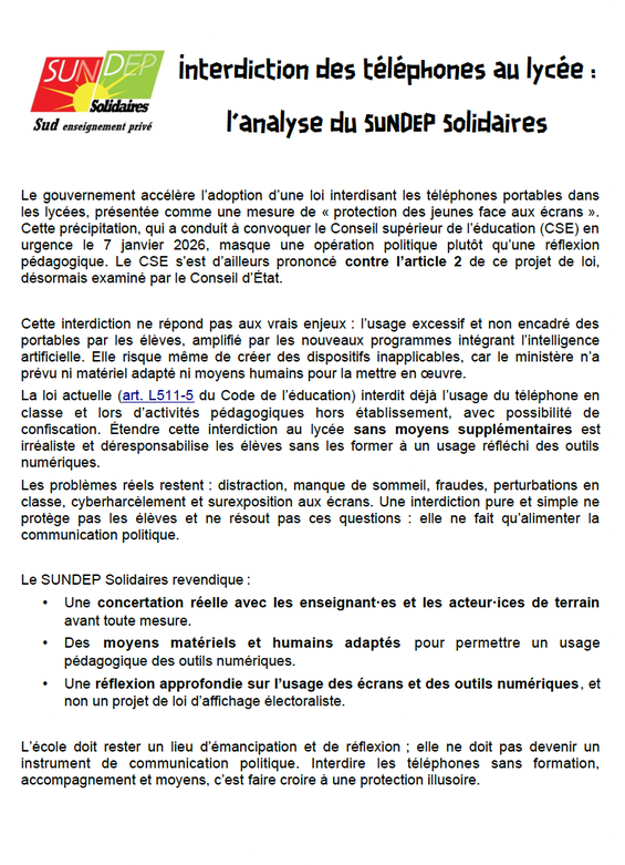 Interdiction des portables au lycée analyse du SUNDEP Solidaires